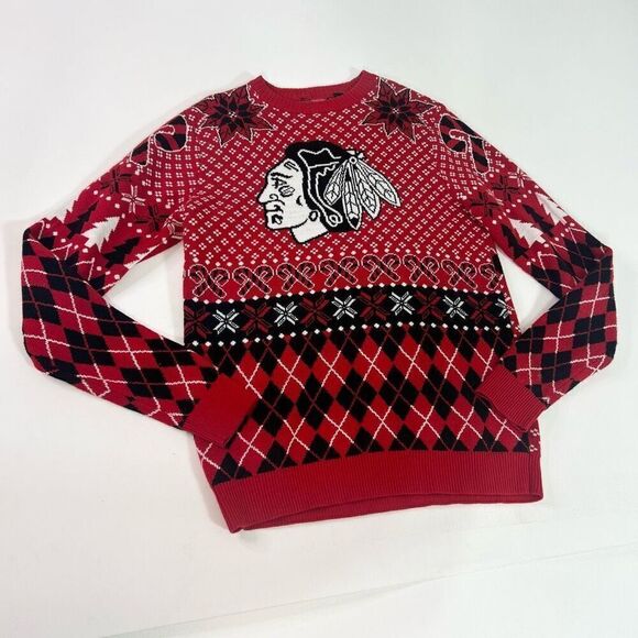 NHL Chicago Blackhawks Top Mens Small Multicolor Holiday Ugly Christmas Sweater - Picture 1 of 8